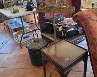 Antique table, antique brass fireplace stand (no accessories)