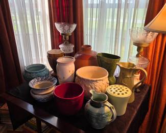 Victorian torchier lamps and vintage vases
