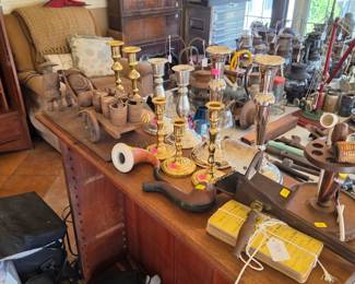 Antique book case and candlesticks
