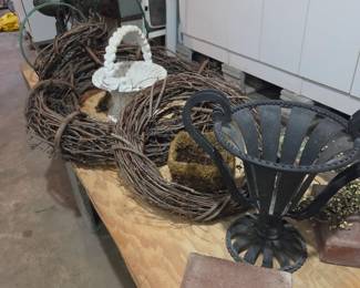 Grapevine wreath in vintage baskets
