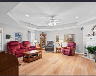 Red loveseat left chair