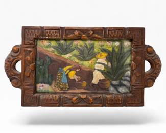 45 Vintage3DCarvedWoodFolkArtWallHangingTraywGlass