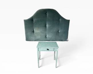 69 TealVelvetFullSizeHeadboardVintageHandPaintedSideTable