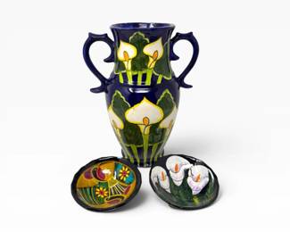 85 HandPaintedMexicanPotteryCallaLilyVaseFootedDishes