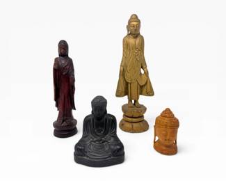 20 Setof4BuddhaWoodMetalStatuesBust
