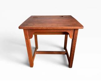 89 AntiqueSolidWoodChildrensSchoolDeskwStorageInkwellHolder