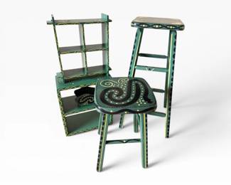 72 HandPaintedWhimsicalWoodStoolsDesktopShelfSet