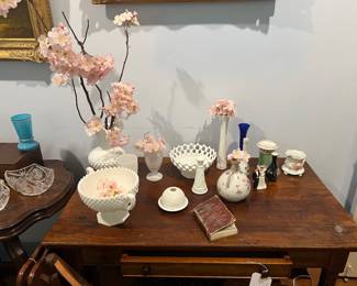 Milk Glass and Antique Desk 