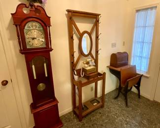 Working wind up floor clock, Antique oak hall tree, vintage school desk, Singer hand crank sewing machine