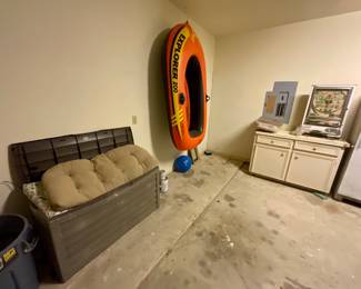 Inflatable raft, storage box, plinko machine