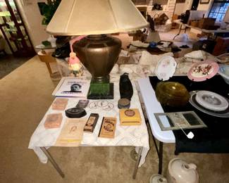 Pair of large metal lamps, antique items, 1961 Rockdale telephone book