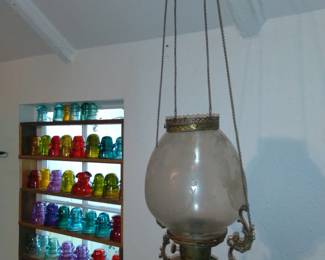 Collection of commemortive reproduction glass insulators from various bottle shows and nice 1880s org kerosene lamp lots of early lighting