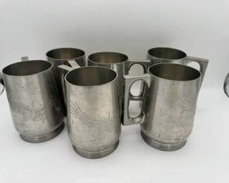 Vintage Chinese Pewter Tankard Mugs Featuring Incised Dragon Designs