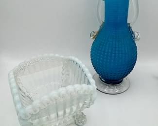 Blue Fenton Hobnail Vase  White Opalescent Square Berry Bowl