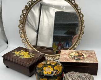 MCM GoldToned Metal Filigree Mirrored Vanity Tray  Jewelry Boxes