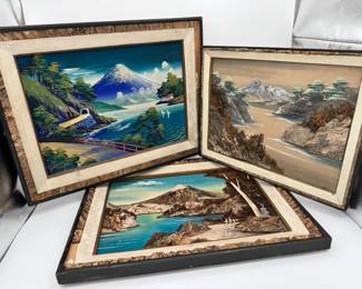 Trio of Vintage Japanese 3D Bark  Moss Landscape Diorama Featuring Mt Fuji