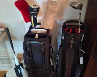 Golf bags, clubs and balls