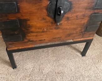 ANTIQUE TRUNK ON CUSTOM MADE STAND