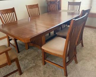 MISSION STYLE DINING TRESTLE TABLE WITH 2 STORAGE LEAVES AND 6 CHAIRS