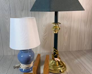 WOOD BOOK ENDS & TABLE LAMPS