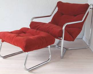 Red Velour & Chrome Mid Century Lounge Chair & Ottoman