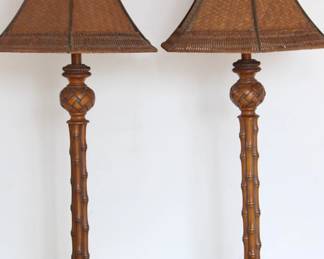 Pair of Vintage Bamboo Table Lamps With Matching Shades