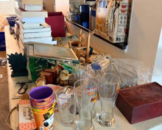 Glassware, home decor, crystal punch bowl set, and vintage books