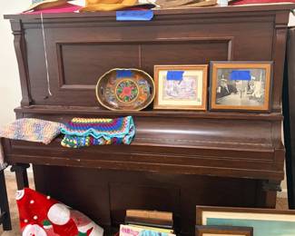 Vintage piano-player converted to modern, decorative hats, lithographs & prints