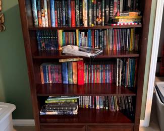 Bookcase filled with books and media