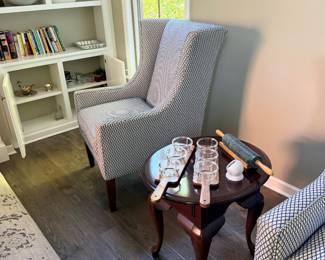 Light blue accent chair with side table