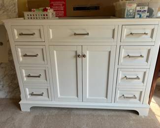 Brand new white bathroom vanity with marble counter/ sink- never installed or used