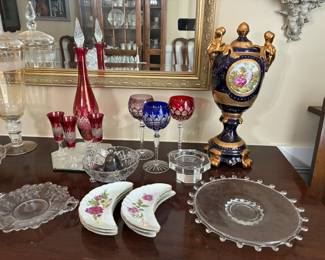 Vintage French-style, cobalt blue porcelain urn (one of two), Nachtmann Traube Bavarian crystal wine glasses