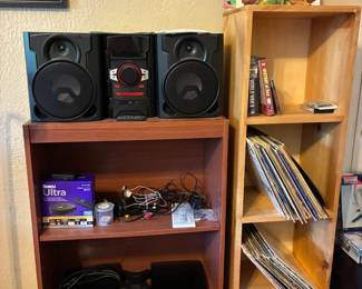 Vintage boom box and LPs