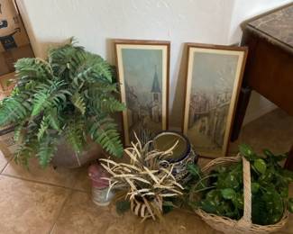 Decor Pots And Basket With Fake Plants And Bird Figurine