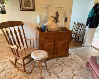 Area Rug, Wooden Rocking Chair, Wooden Stool
