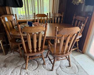 Solid Wood Trestle Table with Extra Leafs, 6-Piece Solid Wood Chair Set