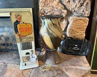 Vtg Postage Stamps Dispenser, Purses, Decorative Vases