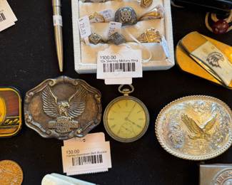 Harley Davidson Belt Buckle, Pocket Watch, Rings, 10k Sterling Military Ring
