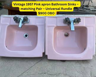 Vintage 1957 Pink apron bathroom sinks matching pair universal rundle