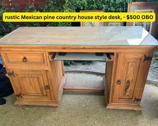 Authentic Rustic Solid Mexican Pine Country house style desk with glass top
