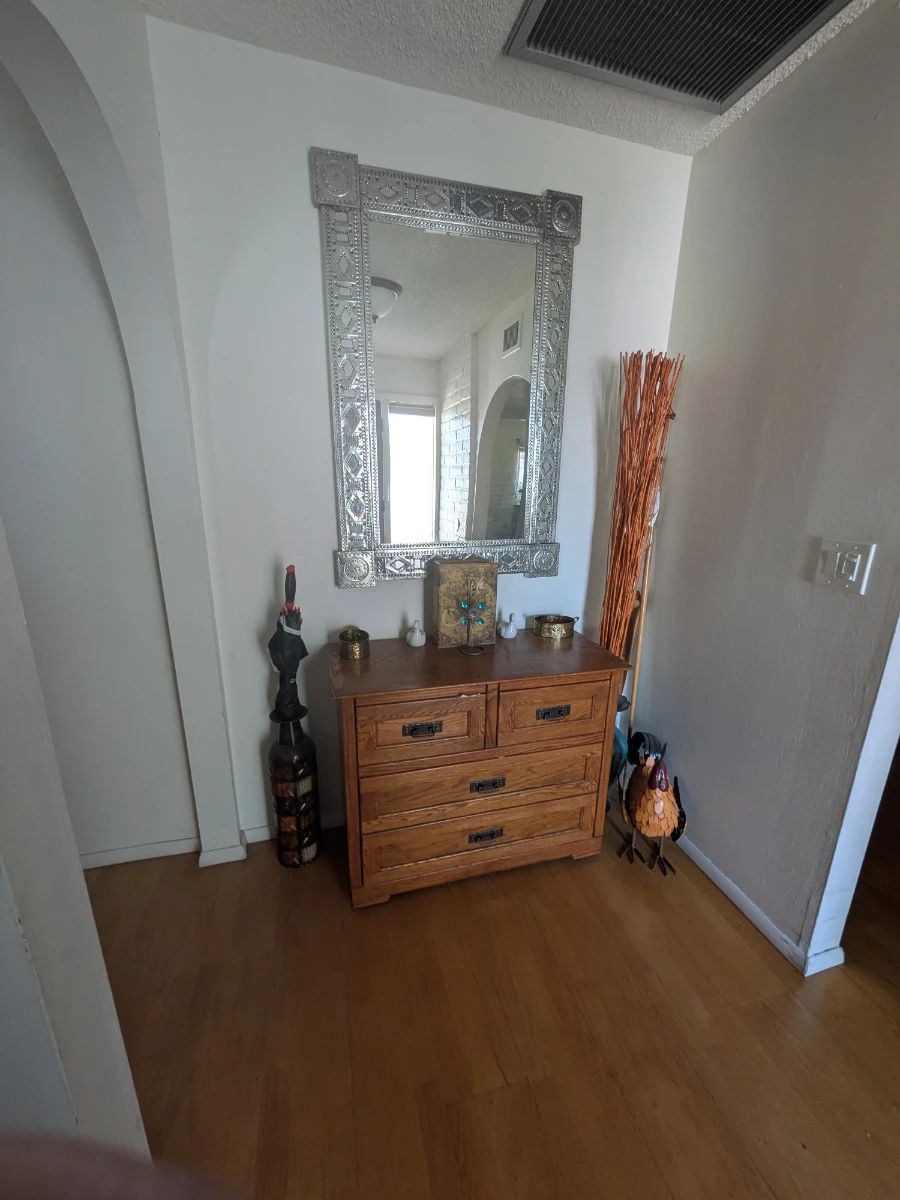 Entryway mirror, metal rooster, floor vases, cane stand & umbrella holder