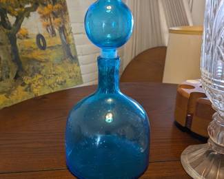 vintage blue art glass decanter with a bubble stopper