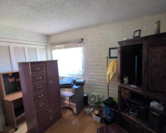 Pink dresser/ wardrobe with two matching lamps, two desks, vintage suitcases
