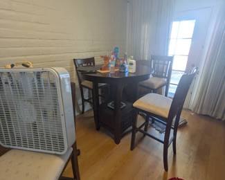 Modern high top round wood table, 4 chairs