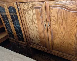 Entertainment center, wood storage with decorative glass display