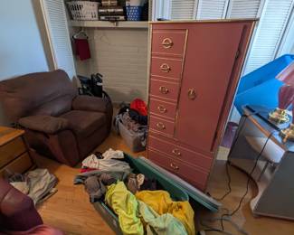 Brown recliner, red armchair, matching end table & lamps