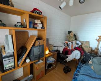Rocking chair, bed rails/guards , walkers, wheelchairs, deep freezer, boxes of books, vintage vinyl records