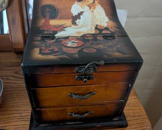 Vintage Asian wooden jewelry of vanity box