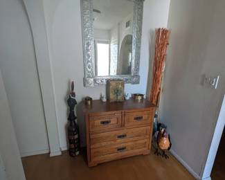 Entryway mirror, metal rooster, floor vases, cane stand & umbrella holder