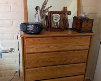 Wood framed mirror, 5 drawer dresser, Seiko mantel clock, vintage asian jewelry box/vanity box
